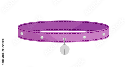 Purple cat collar with silver bell. Flat, cartoon, vector