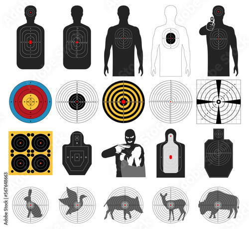 Targets for training shooting. Different types of silhouettes for learning to shoot weapons. Vector illustration