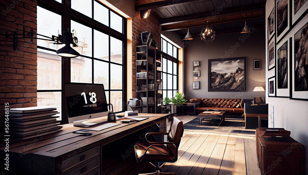 Naklejka premium Luxury workspace office decorated with industrial furniture, generative ai