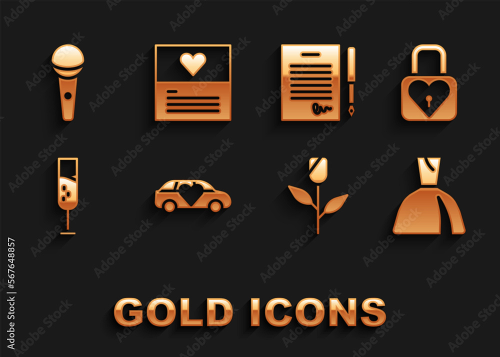 Set Limousine car, Lock and heart, Woman dress, Flower rose, Glass of champagne, Marriage contract, Microphone and Greeting card icon. Vector Set Limousine car, Lock and heart, Woman dress, Flower rose, Glass of champagne, Marriage contract, Microphone and Greeting card icon. Vector