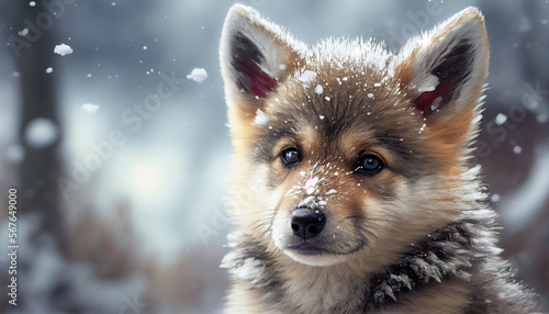 Cute wolf baby puppy playing in winter snow, generative ai © TheGoldTiger