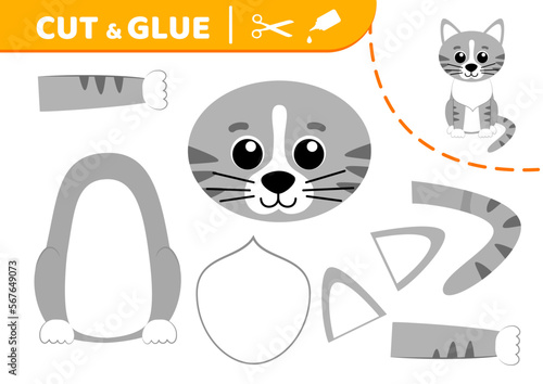 Kitten. Cut and glue. Cat. Application work. Paper game. Vector