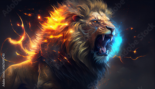 Roaring mighty fantasy lion with flames and glowing around, generative ai © TheGoldTiger