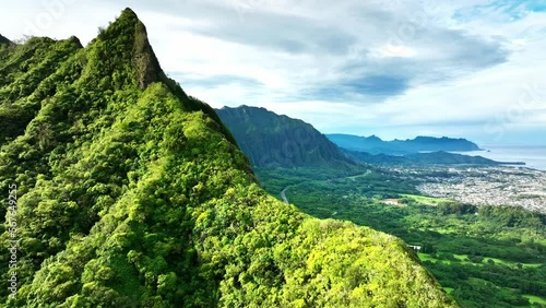 Drone Hawaii. Pali Lookout, Aerial view of Oahu windward side. Coastal mountain cliff on island. Tropical paradise vacation travel. 