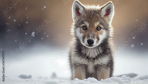 Cute wolf baby puppy playing in winter snow, generative ai © TheGoldTiger