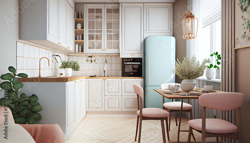 Warm pastel white and beige colors kitchen in the northern style, generative ai