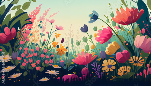 Flower meadow in spring illustration, generative ai © TheGoldTiger