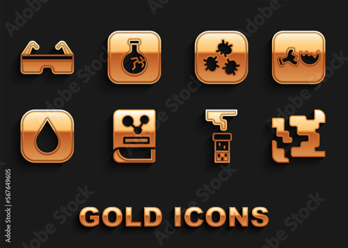 Set Chemistry book, Broken flask, Gaseous, Test tube and, Water drop, Bacteria, Safety goggle glasses and Cracked icon. Vector