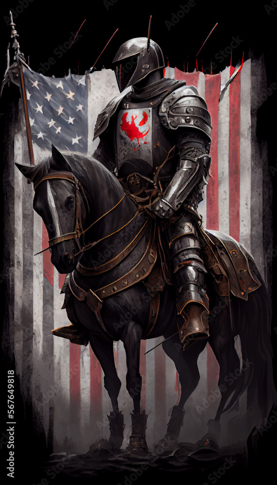 Naklejka premium American knight warrior, mediaval warrior dress american colors, generative ai