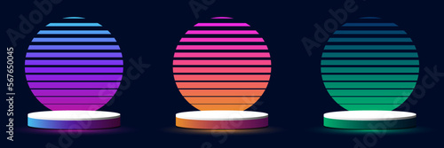 Set of 3D white and neon colors podium stand pedestal with sunrise gradient colorful circles backdrop retro 70s 80s style