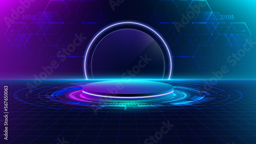 3D realistic technology digital cyberpunk podium display neon lighting circle portal