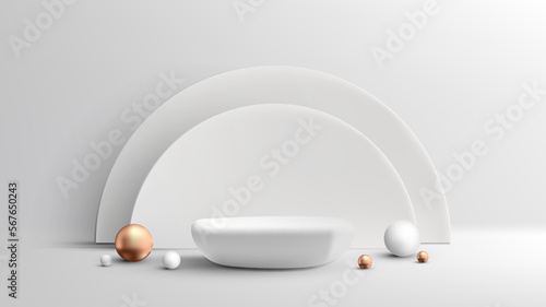 3D realistic luxury style empty stone white podium stand and semicircle backdrop