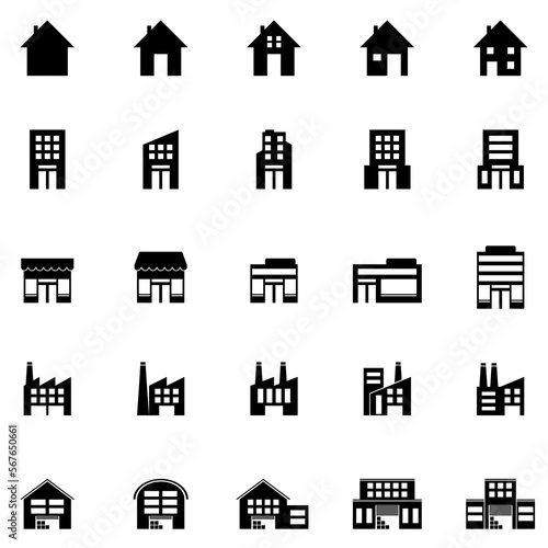 Residential, Commercial and Industrial Buildings Black Icon Set