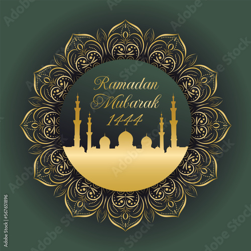 Ramadan Mubarak 1444 mandala design with mosque abu Dhabi outlines the mosque drawing for Ramadan wishes and Ramadan greetings.