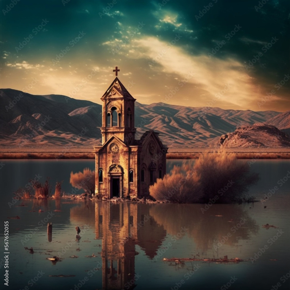 Fototapeta premium Church in the middle of lake and mountain