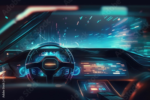 Cockpit of futuristic autonomous car. Diagnostic Auto in HUD style. Car service in the style of HUD, AI photo