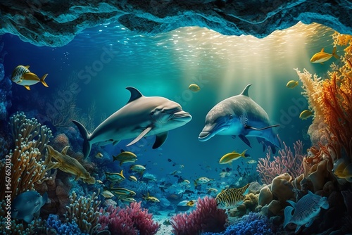 Dolphins and a reef undersea environment. electronic collage images as wallpaper. Generative Ai.