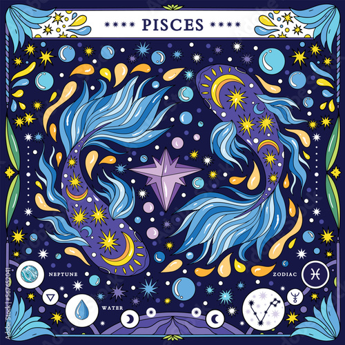 Pisces sign of the zodiac. Modern magical astrological map. Magical girl, stars, moon, constellation, hand-drawn signs. Vector illustration