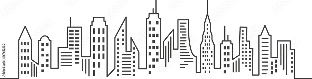 Fototapeta premium City outline panoramic landscape. Continuous one line buildings drawing. Skyscrapers silhouette. Minimalistic illustration.
