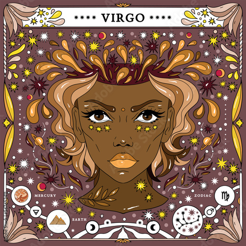 Virgo sign of the zodiac. Modern magical astrological map. Magical girl, stars, moon, constellation, hand-drawn signs. Vector illustration