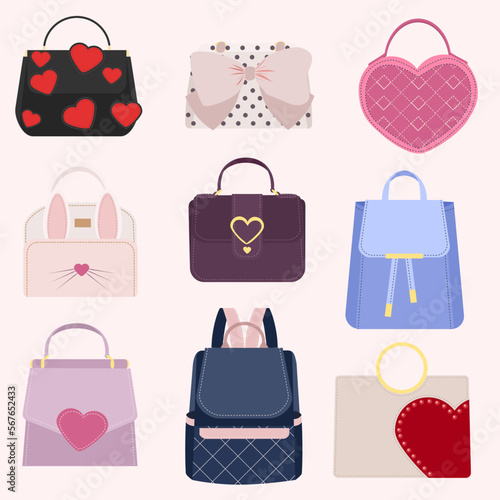 Flat vector women casual handbags, fashion models collection