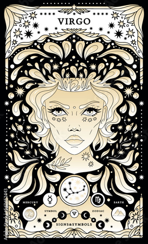 Virgo sign of the zodiac. Modern magical astrological map. Magical girl, stars, moon, constellation, hand-drawn signs. Vector illustration