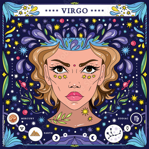 Virgo sign of the zodiac. Modern magical astrological map. Magical girl, stars, moon, constellation, hand-drawn signs. Vector illustration