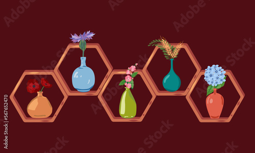 Flat vector hexagon wooden shelfs with glass bootle and flowers