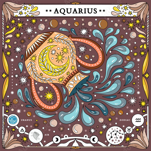 Aquarius sign of the zodiac. Modern magical astrological map. Magical girl, stars, moon, constellation, hand-drawn signs. Vector illustration