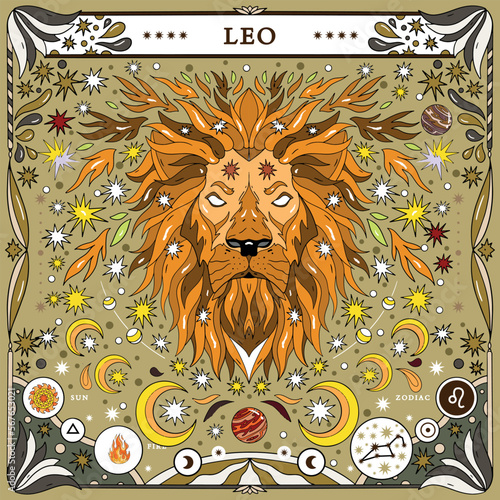 Leo sign of the zodiac. Modern magical astrological map. Magical girl, stars, moon, constellation, hand-drawn signs. Vector illustration