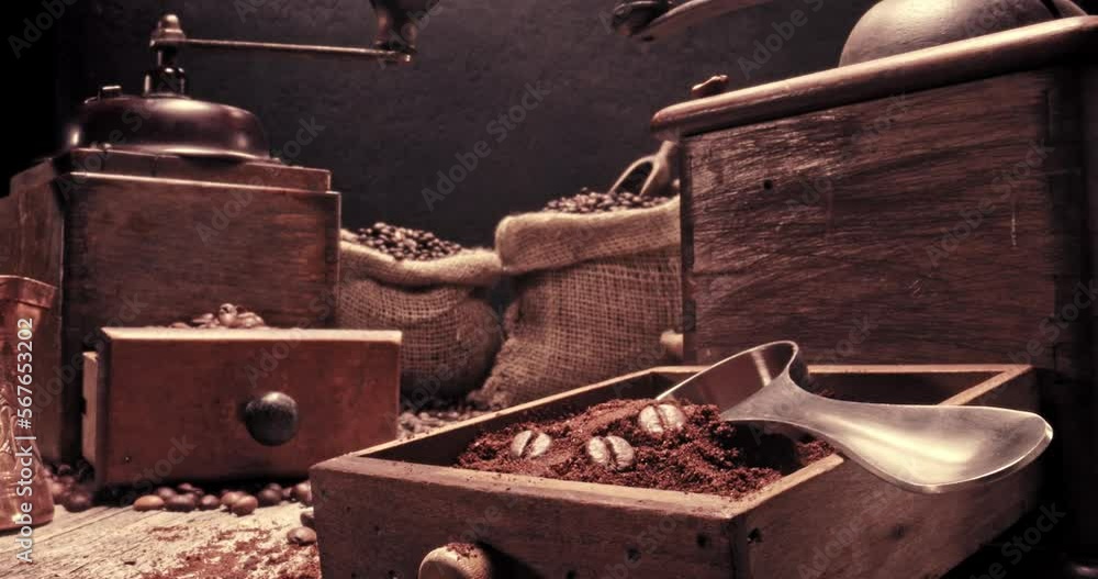 Coffee beans in bag and grinder with ground coffee Coffee beans in bag and grinder with ground coffee