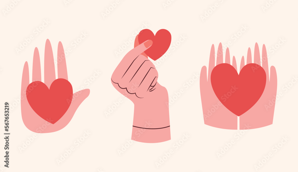 Set of modern illustrations of hearts in hands. Cute vector cliparts in flat style. Volunteering, supporting, humanism, charity conception. For icon, sticker, banner, card, valentines design. Set of modern illustrations of hearts in hands. Cute vector cliparts in flat style. Volunteering, supporting, humanism, charity conception. For icon, sticker, banner, card, valentines design.