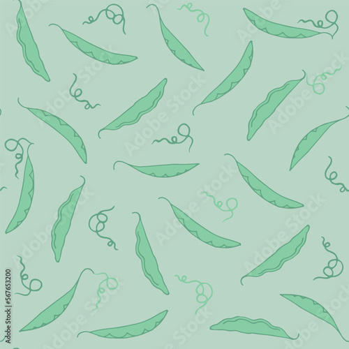 Green peas background with pods. Decorative seamless pattern for wrapping paper, wallpaper, textile, greeting cards and invitations.