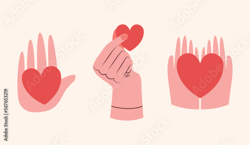 Set of modern illustrations of hearts in hands. Cute vector cliparts in flat style. Volunteering, supporting, humanism, charity conception. For icon, sticker, banner, card, valentines design.