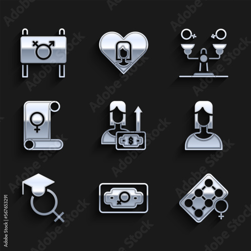Set Money growth woman, Packaging of birth control pills, Female, Teacher, Feminism, Gender equality and Feminist activist icon. Vector