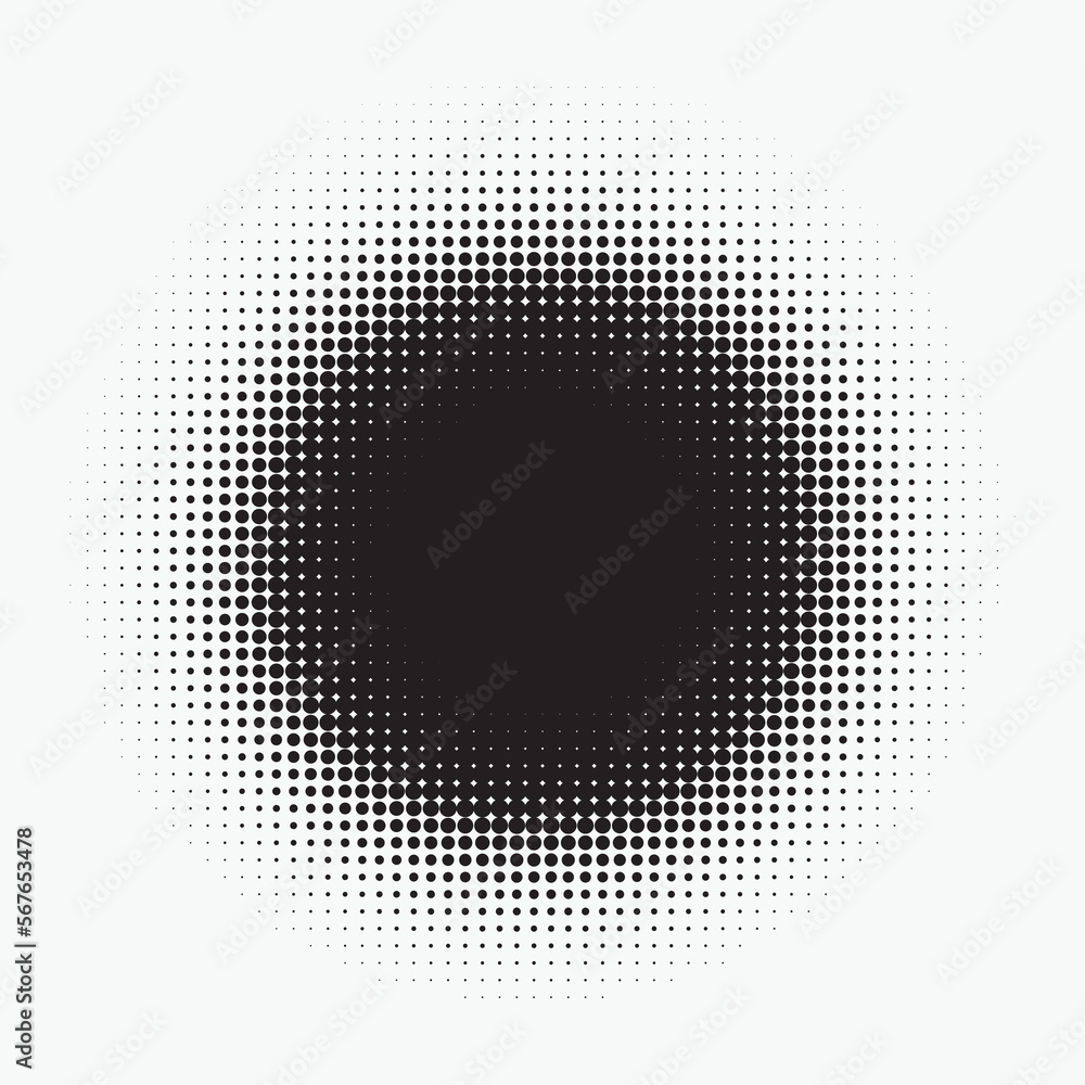 Halftone circle frame dotted background set. Round border Icon using halftone random circle dots raster texture. Grunge circular stain. Vector illustration.