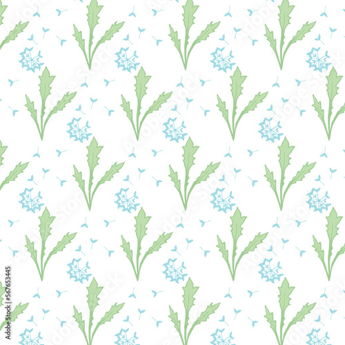 Blue blowball with leaves on white background. Decorative seamless pattern for wrapping paper, wallpaper, textile, greeting cards and invitations.