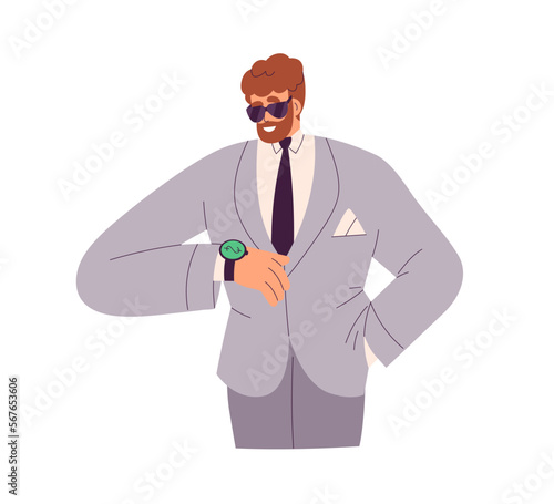 Time is money concept. Rich man looking at wrist watch on hand. Wealthy businessman in business suit with watches, wristwatches on arm. Flat vector illustration isolated on white background
