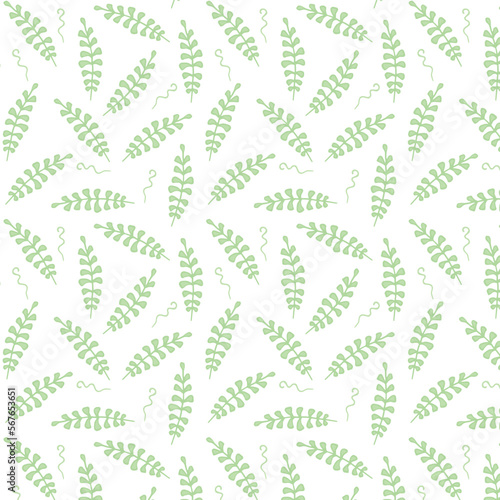Green leaves on white background. Decorative seamless pattern for wrapping paper, wallpaper, textile, greeting cards and invitations.
