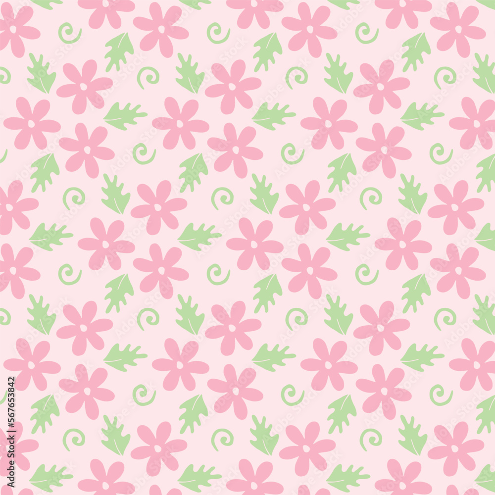Pink background with pink flowers and leaves. Decorative seamless pattern for wrapping paper, wallpaper, textile, greeting cards and invitations.