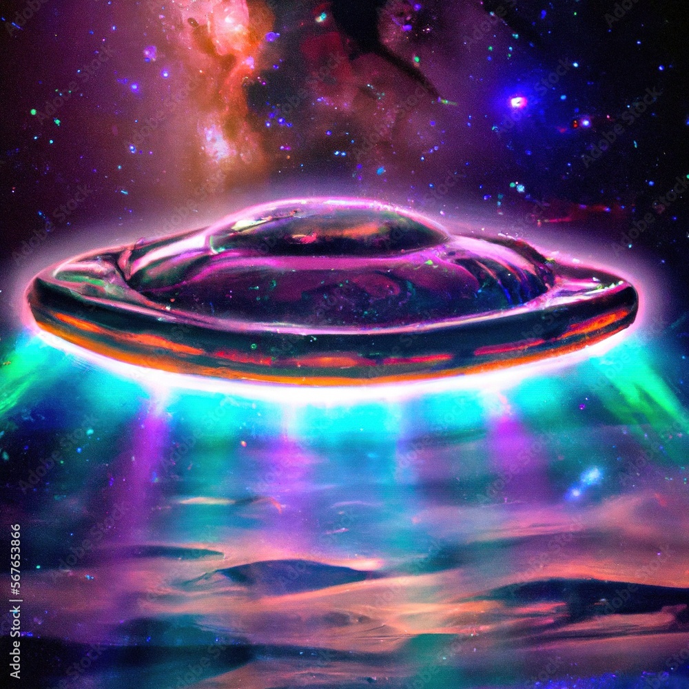 Alien flying saucer UFO directs a neon glowing beam down onto a planet ...