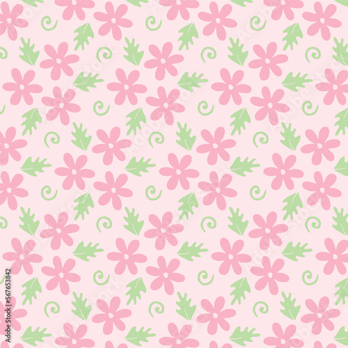 Pink background with pink flowers and leaves. Decorative seamless pattern for wrapping paper, wallpaper, textile, greeting cards and invitations.