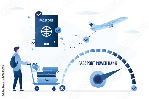 Passport, identity documents. Measuring scale show high rank of id document, strong passport that is used to travel between countries. Passenger with baggage.