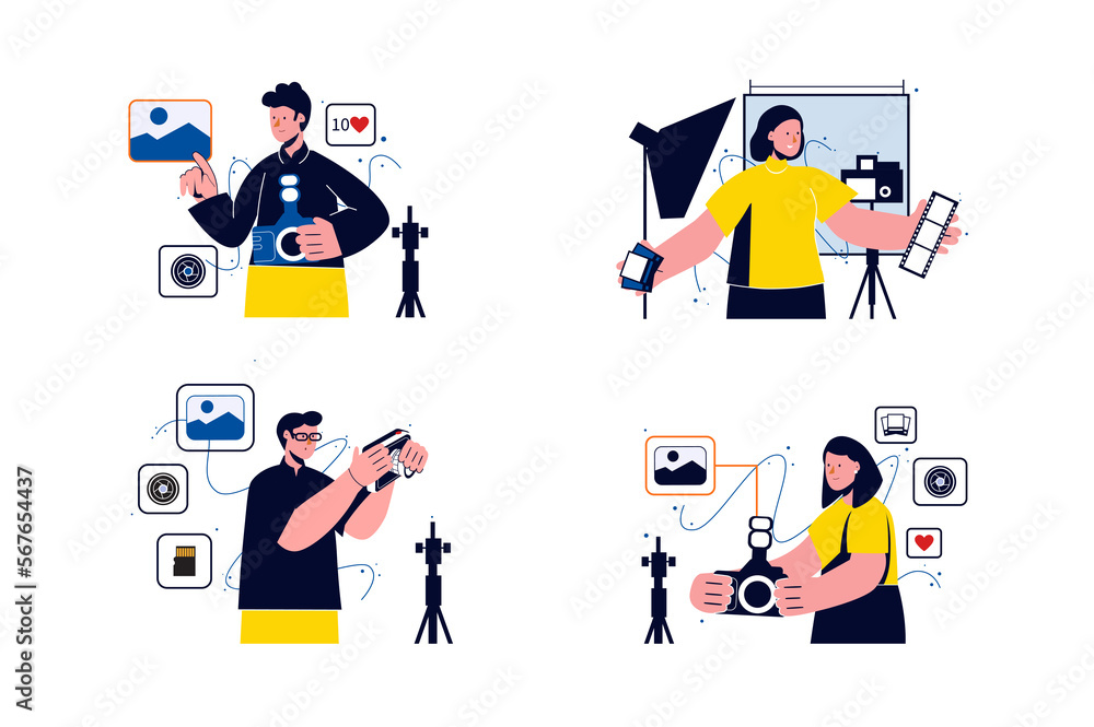 Photo studio concept with people scenes in the flat cartoon style. Photographers prepare for shoots, edit photos and set up cameras.