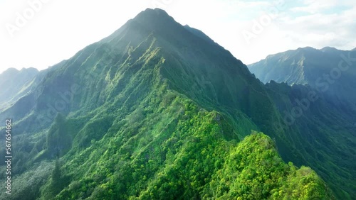 Drone Hawaii. Pali Lookout, Aerial view of Oahu windward side. tourism destination landmark, vacation travel. 