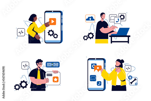 App development concept with people four scenes in the flat cartoon design. Workers create, configure and design new mobile applications. © Andrey