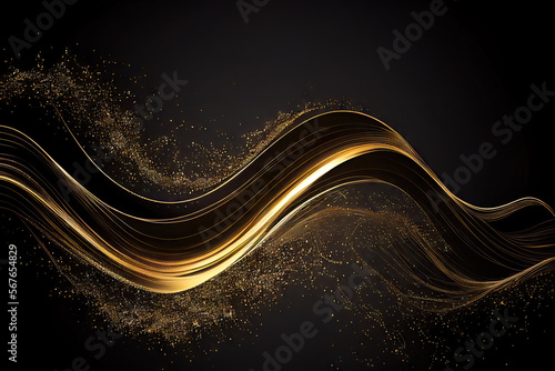 Gold Waves on Black Background, Luxury Wavy Airy Texture, Flying Golden Sand Waves, Abstract Curly Sparkly Pattern, Generative AI Illustration
