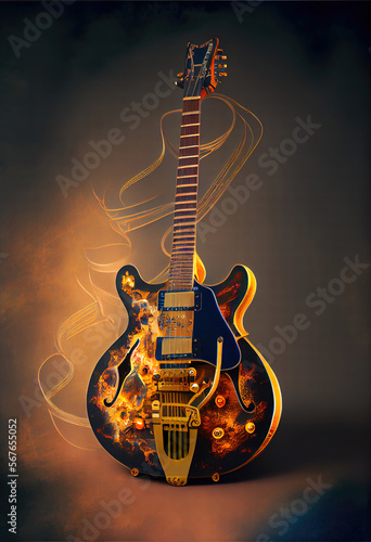 ai generated stylized electric guitar with  smoke effect and gold details photo