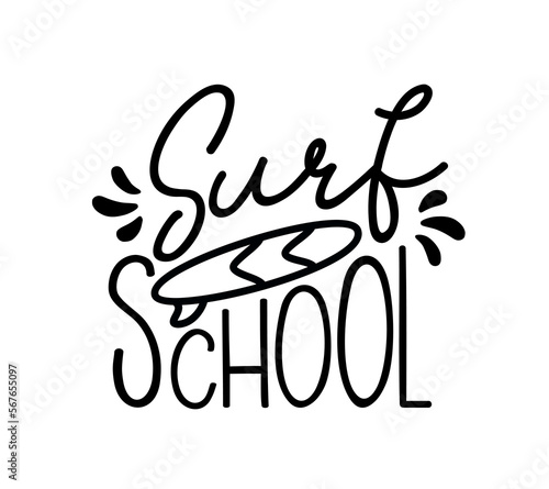 Surf school logo. Minimal vector illustration. Surfing design badge, sign. Black and white icon for surf school. Typography lettering logo with surfboard. Summer camp adventure.