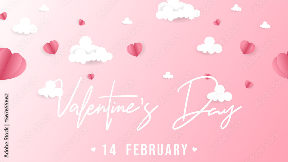 Valentine’s Day’s calligraphy handwriting with heart and cloud on pink background ,for February 14, Vector illustration EPS 10
